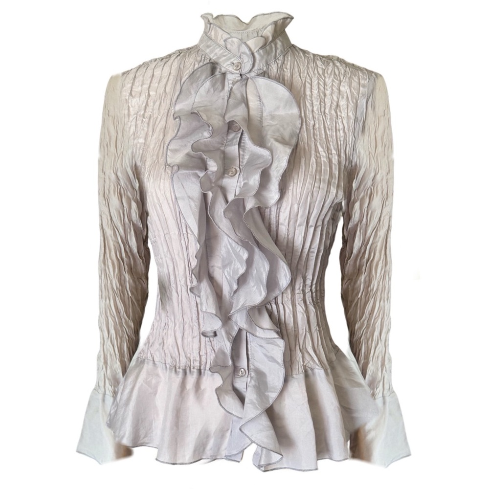 ALLISON TAYLOR • Grey Silver Crinkle Silk Ruffle Blouse Office Night Out